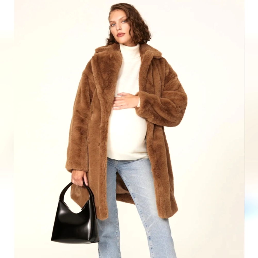 Emilia George Annabette Women's Camel Brown Faux Fur Teddy Maternity Coat size L